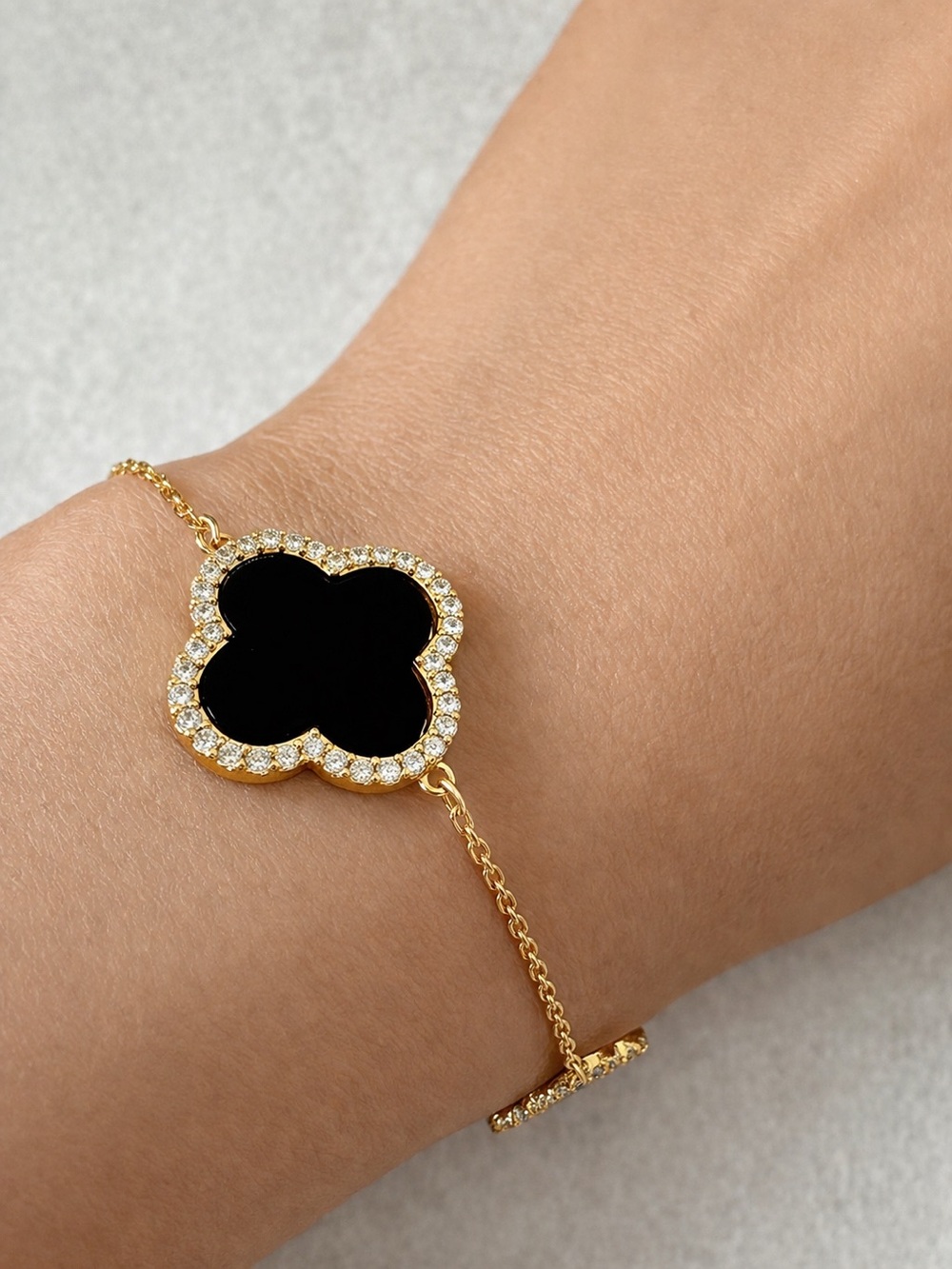 Rachel Zoe 14K Gold Plated Brass Pave 3 Clover Onyx Bracelet - Picture 9 of 9